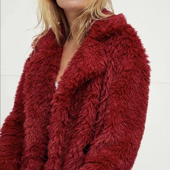 Free People Evys Faux Fur Coat Maxi Teddy Shawl Collar Plush Lined Red - Picture 3 of 7